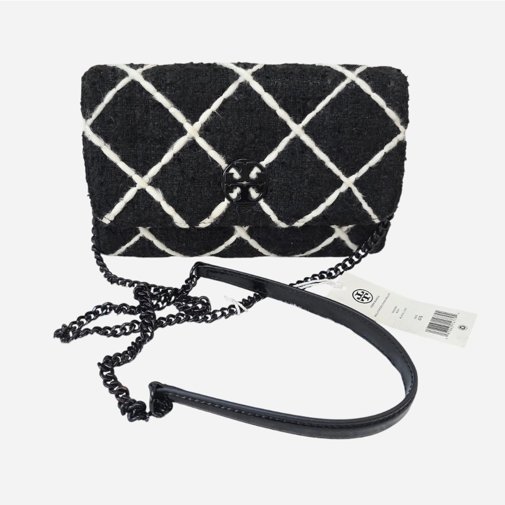 Tory Burch Willa Black and White Tweed + Leather Crossbody Flap Bag